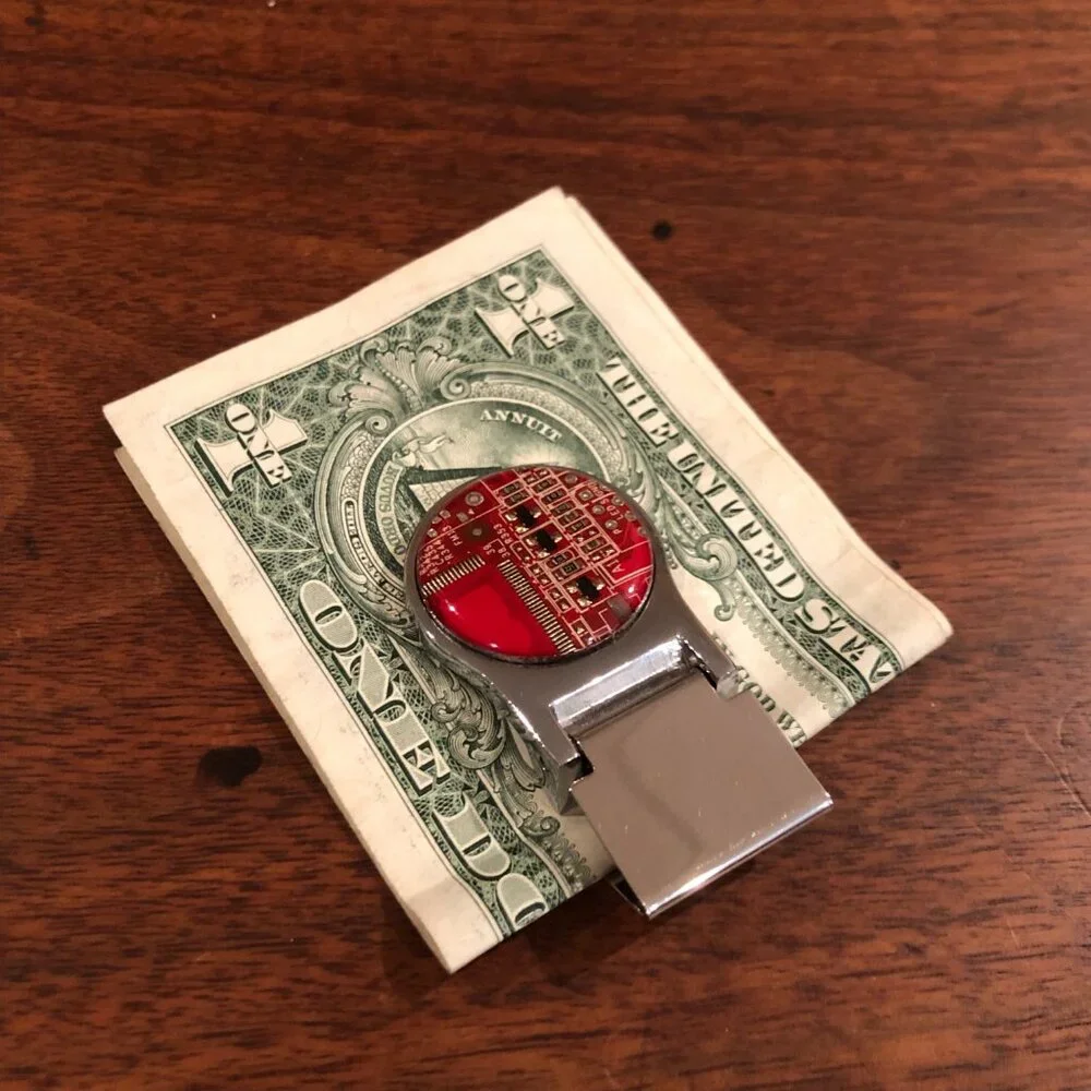 BRAND NEW in giftbox! Red Circuit Board Money Clip - Perfect for Father's Day!